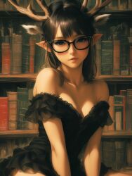 ai_generated antlers black_hair bookshelf elf_ears eye_contact female gloves pixie_cut red red_eyes red_gloves seductive_expression sexy short_hair smirk smug_expression teasing usebackdooronly