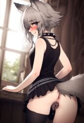 ai_generated bedroom blonde_hair blue_eyes blush canine_pussy cookie-girl crop_top eyeliner ezara_(oc) fox_ears fox_girl fox_tail from_behind_view gender_bender gender_transformation genderbent genderswap_(mtf) goth goth_girl lifting_skirt looking_at_viewer looking_over_shoulder presenting_anus presenting_hindquarters presenting_pussy punk punk_girl rule_63 seductive seductive_look seductive_pose shorts shy skinny skinny_girl smile solo solo_female solo_focus spiked_collar upskirt