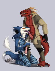 2015 abs anthro argonian balls blue_fur camo claws closed_eyes clothing cum duo erection fangs feathers feet fellatio fur horn kneeling male military modern muscular open_clothes open_mouth open_pants open_shirt oral orange_eyes pants pecs penis red_scales red_skin reptile sairaks scales scalie sergal sex shirt standing teeth the_elder_scrolls toe_claws tongue tongue_out uniform vein veiny_penis vest video_games war white_fur yaoi yellow_sclera