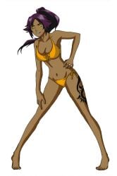 1girls medium_breasts orange_bikini shihouin_yoruichi tagme tattoo_on_legs