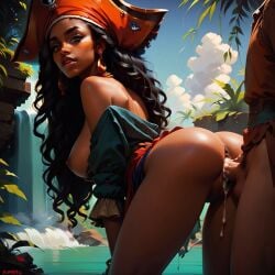 1boy 1girls ai_generated big_penis dark-skinned_female interracial jokerofhearts light-skinned_male pirate pirate_hat vaginal_penetration