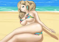 1girls 2d ann_takamaki ass beach bikini blonde_hair blue_bikini blue_eyes blue_swimsuit breasts earrings hairclip large_breasts looking_at_viewer ocean outside painted_fingernails pattern_bikini pattern_swimsuit persona persona_5 saeniijima swimsuit twintails water