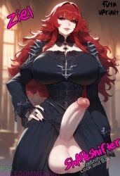 ai_generated bangs belly_button big_breasts big_penis black_clothing black_eyelashes black_eyeliner blush bottomless choker civitai exposed_balls exposed_penis eyelashes futanari gothic hard_nipples huge_cock long_hair massive_balls massive_penis original_character pushing_breasts_together red_hair shaggy_hair smiling_at_viewer