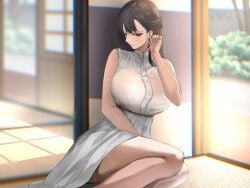 2d bare_arms bare_shoulders black_hair blush breasts day dress feet_out_of_frame female kesoshirou large_breasts long_hair original parted_lips sleeveless solo sweat thighs white_dress