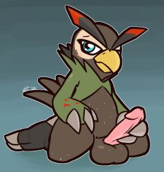 avian avian_feet balls bandai_namco beak blue_eyes blush blush_lines brown_body brown_feathers claws digimon digimon_(species) erection falcomon_(survive) feather_markings feathers genitals green_body green_feathers holding_penis humanoid_genitalia humanoid_penis male male_only markings multicolored_body non-mammal_balls penis solo ultilix yellow_beak