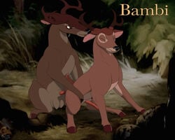 2boys anal anal_sex animal_genitalia antlers bambi_(character) bambi_(film) cervine_penis closed_eyes crouching deer disney duo ear_biting erection feral forest from_behind gay hooves horn lemon_testicles male male_only mcfan naughty_face outdoors penetration penis quadruped ronno signature straining testicles tree yaoi