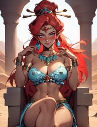 1female 1girls abs aedel_hentai aedel_sfw ai_generated blue_eyes blush blush_lines blushing_at_viewer bracelet bracelets clothed desert earring earrings elf elf_ears female gerudo hylian jewel jewelry jewels looking_at_viewer necklace ponytail princess queen red_hair riju sitting skinny solo solo_female the_legend_of_zelda the_legend_of_zelda:_tears_of_the_kingdom thin throne visible_abs visible_nipples