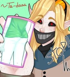 2d ass ben_drowned blonde_hair creepypasta elf_ears english_text frecskle goggles_on_head hoodie long_blonde_hair long_hair mask pale_skin phone red_eyes text ticci_toby