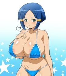 1girls big_breasts bikini blue_bikini blue_hair blush claire_lesnow female green_eyes inazuma_eleven kurakake_clara looking_at_viewer nipple_bulge short_hair snowpowder198 solo solo_female star