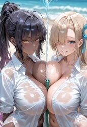 2girls ai_generated asuna_(blue_archive) beach black_hair blonde_hair blue_archive blue_eyes breasts brown_skin chocolate_and_vanilla dark-skinned_female dark_skin female flyingpancake hi_res huge_breasts karin_(blue_archive) light-skinned_female light_skin long_hair naughty_face outdoors wet wet_t-shirt yellow_eyes