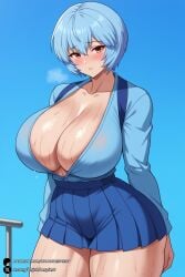 1girls ai_generated alternate_breast_size bangs blue_background blue_hair blue_shirt blue_skirt blush breasts cleavage collarbone cowboy_shot curvy hair_between_eyes huge_breasts long_sleeves looking_at_viewer neon_genesis_evangelion open_clothes parted_lips patreon_username pleated_skirt red_eyes rei_ayanami school_uniform shiny shiny_skin shirt short_hair skirt solo sweat thick_thighs thighs unjobdespiert