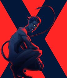 ass blue_body blue_hair blue_skin concept_art crouching kurt_wagner male male_focus male_only marvel marvel_comics naked naked_male nightcrawler no_visible_genitalia nude nude_male nudity pointed_ears posing red_background ribs side_view simple_background skinny skinny_male smile smiling smiling_at_viewer spade_tail stomach tail x-men yellow_eyes