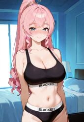 1girls 3am ai_generated bedroom blacked blacked_clothing blue_eyes blush breasts civitai cleavage facing_viewer indie_virtual_youtuber indoors large_breasts looking_at_viewer navel olivia_monroe panties pink_hair ponytail smile solo sports_bra virtual_youtuber