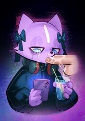 2024 aggressive_retsuko balls blue_eyes bow_in_hair cellphone crying cup fellatio female female_focus furry glass_of_water headphones headphones_around_neck male penis purple_background purple_fur running_mascara sanrio shikabane_(aggretsuko) skunk skunk_girl tears track_jacket uninterested xu53r