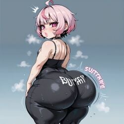 1:1 ai_generated ass_focus black_legwear bottom_heavy femboy huge_ass pink_hair short_hair shortstack simple_background tagme white_hair