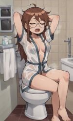 ai_generated ass barefoot bigmic145 bra breasts brown_hair cleavage clothed clothed_female clothing female female_only glasses julie_powers messy_hair naked_robe netflix open_robe robe scott_pilgrim scott_pilgrim_takes_off see-through solo_female wet