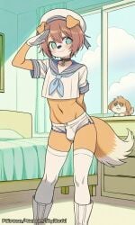 1boy ai_generated blue blue_eyes boy choker cute cute_face femboy femboy_focus fox furry male male_only masterpiece panties sailor_uniform