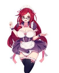 1girls apron bowtie braided_hair breasts detached_collar diaper diaper_under_clothing glasses hairbow large_breasts lilith-fetish long_hair looking_at_viewer maid maid_apron maid_headdress maid_uniform pink_eyes red_hair serina_(sofia's_secret) sofia's_secret thighhighs wristband