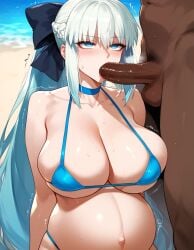 1boy 1girls ai_generated beach big_breasts blue_eyes breasts dark-skinned_male fate/grand_order fate_(series) fellatio huge_breasts large_breasts light-skinned_female long_hair looking_pleasured mature_female micro_bikini milf morgan_le_fay_(fate) ponytail pregnant pregnant_belly pregnant_female white_hair