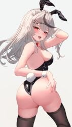 339_akano anime ass ass_focus black_clothing bunny_ears bunny_girl bunny_tail bunnysuit clothed hand_on_hip hololive looking_at_viewer looking_back posing red_eyes sakamata_chloe suggestive suggestive_look thigh_highs tongue_out virtual_youtuber vtuber white_background white_hair