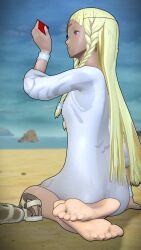 3d 3d_(artwork) 3d_model beach blender blonde_hair braided_hair confinedburn eupha feet foot_fetish foot_focus metaphor:_refantazio monster_girl non-human purple_eyes sandals sandals_removed sole_female soles tan-skinned_female tan_skin third_eye white_shirt