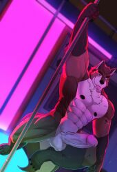 2021 5_fingers abs anthro areola ark_(arkwolf26) balls bedroom_eyes big_penis biped black-kun blep brown_body brown_fur brown_hair canid canine canis claws colored detailed_background erection fingers fur genitals hair hi_res humanoid_hands looking_at_viewer male mammal muscular muscular_anthro muscular_male narrowed_eyes nipples nude_anthro nude_male pecs penis pole presenting presenting_penis seductive solo strip_club stripper_pole toe_claws tongue tongue_out vein veiny_penis white_body white_fur wolf