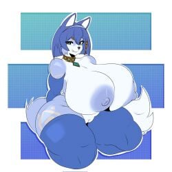 ameliemercedez anthro arm_warmers armwear big_breasts blue_body blue_fur blue_hair breasts canid canine clothing curvy_figure female fox fur hair hi_res huge_breasts krystal krystal_(star_fox) legwear mammal nintendo solo star_fox tagme thick_thighs thigh_highs