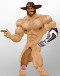 balls bara beard big_balls big_penis body_hair cole_cassidy cybernetic_arm facial_hair flaccid huge_cock jondessins male male_only muscles muscular nude overwatch penis solo solo_male