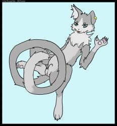 absurd_res animal_genitalia anthro balls black_border blue_eyes border domestic_cat felid feline felis fur genitals grey_body grey_fur hi_res male mammal pawpads paws puck_(re:zero) re:zero sheath solo tail