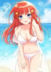 1girls ahoge antenna_hair bare_arms bare_belly bare_chest bare_hands bare_hips bare_legs bare_midriff bare_navel bare_shoulders bare_skin bare_thighs beach belly belly_button bikini bikini_bottom bikini_only bikini_top blue_eyes blue_eyes_female blue_sky blush blush_face blushing_at_viewer blushing_female blushing_lines breasts busty busty_female busty_girl busty_teen cleavage clouds coast collarbone curvaceous curvaceous_body curvaceous_female curvaceous_figure curvaceous_hips curvaceous_teen curvaceous_thighs curvy curvy_body curvy_female curvy_figure curvy_hips curvy_teen curvy_thighs day daylight daytime elbows exposed_arms exposed_belly exposed_chest exposed_hips exposed_legs exposed_midriff exposed_navel exposed_shoulders exposed_skin exposed_thighs eyebrows_visible_through_hair female female_focus female_only fingers go-toubun_no_hanayome groin hair_ornament hair_ornaments halterneck hand_on_leg hand_on_own_leg hand_on_own_thigh hand_on_thigh high_resolution high_school_student highres horizon hourglass_figure large_breasts lean_figure long_hair looking_at_viewer midriff nakano_itsuki narrow_waist navel ocean open_mouth open_mouth_smile outdoor outdoors outside parted_lips red_hair red_hair_female sand school_girl sea seaside shoulders side-tie_bikini sky slender_body slender_waist slim_waist smile smiley_face smiling smiling_at_viewer solo standing string_bikini swimsuit swimwear teen_girl teenage_girl teenage_tits teenager thick_thighs thigh_gap thighs tongue upper_body wide_hips young_female young_woman yukiunag1
