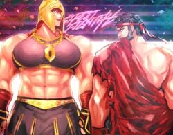 1girls abs athletic_female helmet looking_at_viewer looking_back male marisa_rossetti muscular_back muscular_female red_hair ryu_(street_fighter) street_fighter street_fighter_6 tagme zmnjo1440