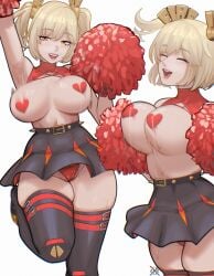 armpits arms_up bare_shoulders big_breasts blonde_female blonde_hair breasts breasts_out burnice_white covered_nipples female hair_ornament heart heart_pasties jiggling_breasts legwear multiple_views open_mouth pom_poms pubic_hair red_eyes red_panties red_pom_poms simple_background skirt skirt_lift smile stomach thick_thighs thighs x_e11e yellow_hair zenless_zone_zero