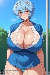 1girls ai_generated alternate_breast_size bangs blue_hair blue_sky blush breasts cameltoe cleavage collarbone curvy dress huge_breasts interface_headset looking_at_viewer neon_genesis_evangelion outdoors panties parted_lips red_eyes rei_ayanami shiny shirt short_hair sky solo standing sweat swimsuit thick_thighs thighs tokyo-3_middle_school_uniform underwear unjobdespiert wet wide_hips