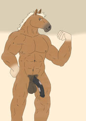 abs absurd_res animal_genitalia balls biceps blonde_hair brown_eyes brown_fur equine erection fist fur hair half-erect hi_res horse horsecock kizion_ksharr looking_at_viewer male male_only mammal multicolored_fur muscular pecs penis simple_background smile solo standing tan_background two_tone_fur vein white_background white_hair