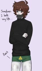 2d bags_under_eyes bandaid ben_drowned blush boxers brown_eyes brown_hair bruises english_text leg_hair mask pale_skin text ticci_toby turtleneck