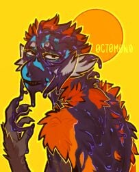 0ct0m0n0 anthro artist_name black_blood blood bodily_fluids brown_body brown_fur colored_blood eyelashes fur gore haplorhine looking_at_viewer male mammal miko_(0ct0m0n0) monkey narrowed_eyes orange_body orange_fur primate simple_background solo unusual_blood unusual_bodily_fluids yellow_background