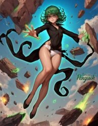 1girls ai_generated angry asteroid blue_sky destruction dress fire flying glowing green_eyes green_hair magic magical_girl one-punch_man panties patreon_username penguih psychokinesis ripped_clothing ruins short_hair small_breasts tatsumaki telekinesis torn_clothes white_panties