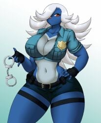 1girls anthro anthro_only belt big_breasts blue_crop_top breasts crop_top denim_shorts female female_focus female_only fingerless_gloves furry furry_female furry_only gloves hair_over_one_eye handcuffs holding_handcuffs kailyn kreativekailyn large_breasts long_hair looking_at_viewer midriff navel nintendo pokemon pokemon_(species) police police_uniform policewoman red_eyes samurott short_shorts shorts solo solo_female white_hair