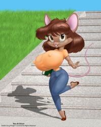 2004 anthro big_breasts big_ears book bouncing_breasts breasts brown_body brown_eyes brown_fur brown_hair buckteeth clothed clothing copyright_symbol doug_winger eyelashes female floating_eyebrows fully_clothed fur grass hair mammal mouse mouse_tail murid murine nipple_outline open_mouth orange_clothing orange_shirt orange_topwear plant rodent shadow shirt small_waist solo steps symbol tail teeth text topwear