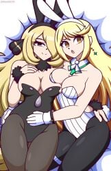 2girls alternate_costume breasts crossover cynthia_(pokemon) female female_only monolith_tk mythra nintendo pokemon tagme xenoblade_(series) xenoblade_chronicles_2