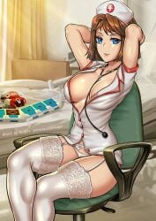 1girls bed blue_eyes breasts brown_hair chair duel_disk garter_belt garter_straps hospital hospital_bed large_breasts looking_at_viewer mazaki_anzu nurse nurse_cap nurse_uniform panties redjet short_hair sitting_on_chair stethoscope stethoscope_between_breasts swivel_chair tea_gardner thighhighs white_panties yu-gi-oh!