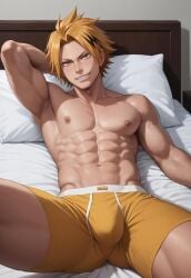 1boy abs ai_generated armpits arms_behind_back boku_no_hero_academia boxer_briefs boxer_briefs_only bsky_link bulge civitai denki_kaminari dvxxxgrai gay kaminari_denki lying_on_back lying_on_bed male male_only male_underwear muscular muscular_male my_hero_academia navel nipples nude pony_diffusion_xl smirk solo solo_male spread_legs tagme toned toned_body toned_male twitter underwear underwear_only x_(social_media) yaoi yellow_eyes yellow_male_underwear