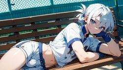 1femboy ai_generated baseball_uniform bulge bulge_through_clothing exposed_legs exposed_torso femboy femboy_only hand_under_chin looking_at_viewer lying_on_side mahamoan male mila_matsumoto oc on_bench original_character softball_uniform