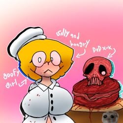 agatha_(francis15794079) blood_on_face cake_meat canibal_girl chef_hat chef_uniform chubby_female francis15794079 goofy_girl gore minstlu_(minstlu) mutilation oc original_character stupid_girl tagme text