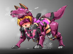 armor ass big_breasts bitchsuit blonde_hair blush breasts canine clothing female hair holyspirit human hybrid lactation legwear living_armor machine mammal milk open_mouth pussy_juice saliva thigh_highs tight_clothing