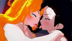 2girls after_kiss bisexual_(female) black_hair black_hair_female blonde_female blonde_hair crossover final_fantasy_vii glaring_at_another nakadashi_(artist) nude_female purple_eyes red_eyes rwby sweaty_body tifa_lockhart tongue_out yang_xiao_long