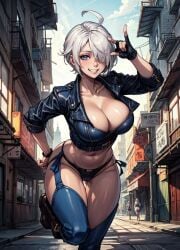 1girls ai_generated angel_(kof) big_breasts blue_eyes boots busty female huge_breasts jacket king_of_fighters leather legwear light-skinned_female light_skin outdoors outside short_hair thick_thighs thighs thong voluptuous voluptuous_female white_hair white_skin wide_hips