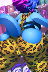 alien alien_girl ass bent_over big_ass blue_skin breasts female leopard_print mirabelle pointy_ears purple_hair riendonut sideboob solo tail