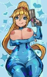 absurd_res blonde_female blonde_hair breasts gun heart-shaped_pupils heart_eyes licking_lips metroid nintendo nipples nude saiykik samus_aran solo solo_female solo_focus tagme zero_suit_samus