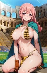 1girls ai_generated big_breasts bikini bikini_top blue_eyes braid braided_hair cleavage cloak collarbone female female_focus female_only gloves gold_bikini green_cape large_breasts light-skinned_female light_skin loincloth necklace one_ai_art one_piece pearl_necklace pelvic_curtain rebecca_(one_piece) shonen_jump single_braid smile solo solo_female solo_focus